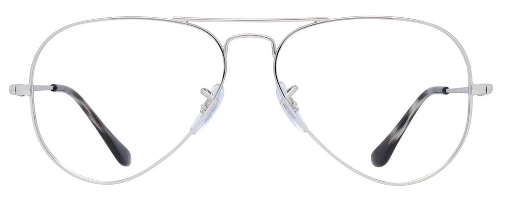 A pair of silver metal Ray-Ban Aviator glasses, featuring teardrop-shaped lenses and a signature double bridge. They are finished with black and white acetate temple tips.