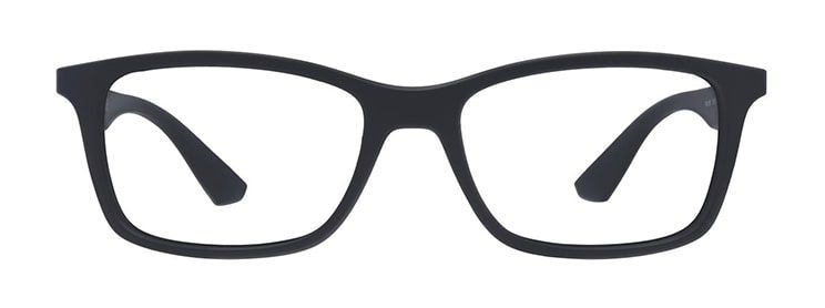 A large pair of black square Ray-Ban glasses, made of plastic.