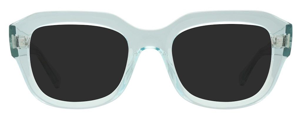 Square sunglasses with a thick frame made from transparent light blue acetate