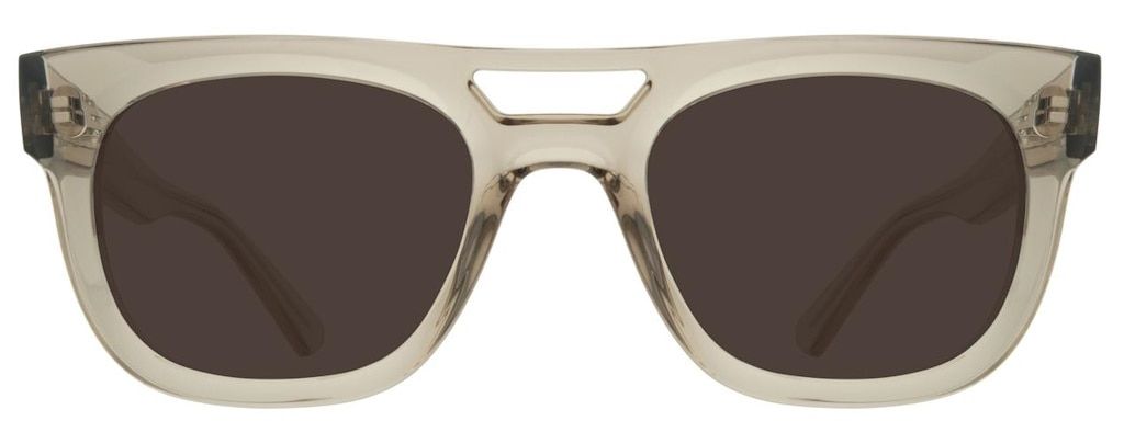 Thick sunglasses frame made of transparent grey acetate, with a double bridge and squared lenses
