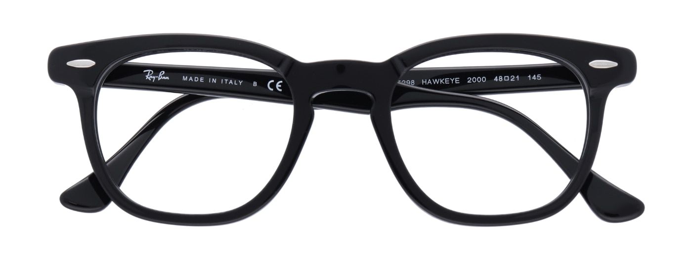 A black pair of square Ray-Ban glasses, made of acetate. The frame has silver pin detailing and a keyhole bridge. It is neatly folded up.
