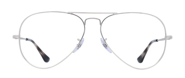 Ray-Ban Aviator metal glasses in silver tone with clear rubber nose pads and black-and-white striped acetate tips.