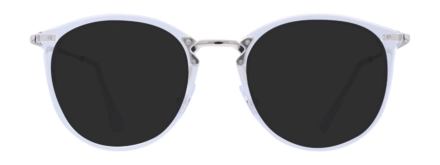 A transparent pair of Ray-Ban sunglasses, made of acetate with a metal bridge and temple design.