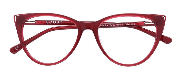 Scout Arabella cat-eye shiny red acetate glasses with metal accents at the corners of the lenses, folded up against a plain white background. Inspired by vamp core fashion.