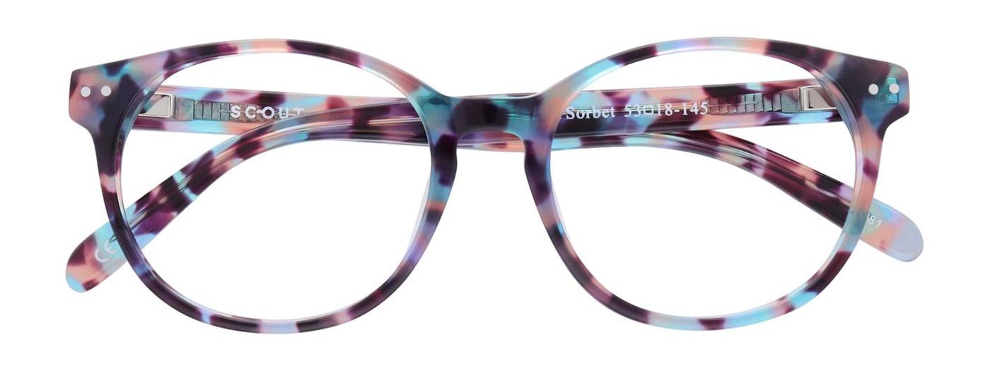 A large retro-style round acetate frame with a bright purple and blue tortoiseshell pattern. The frame is folded up.
