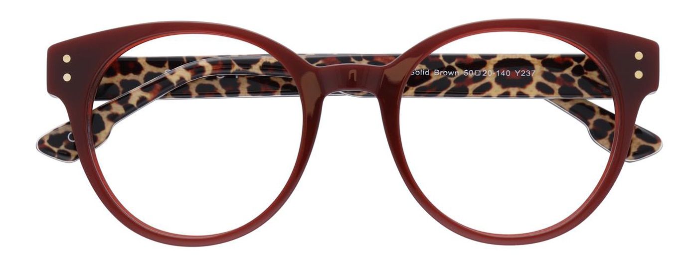 Round, red brown Scout frame with leopard print on inside of arms