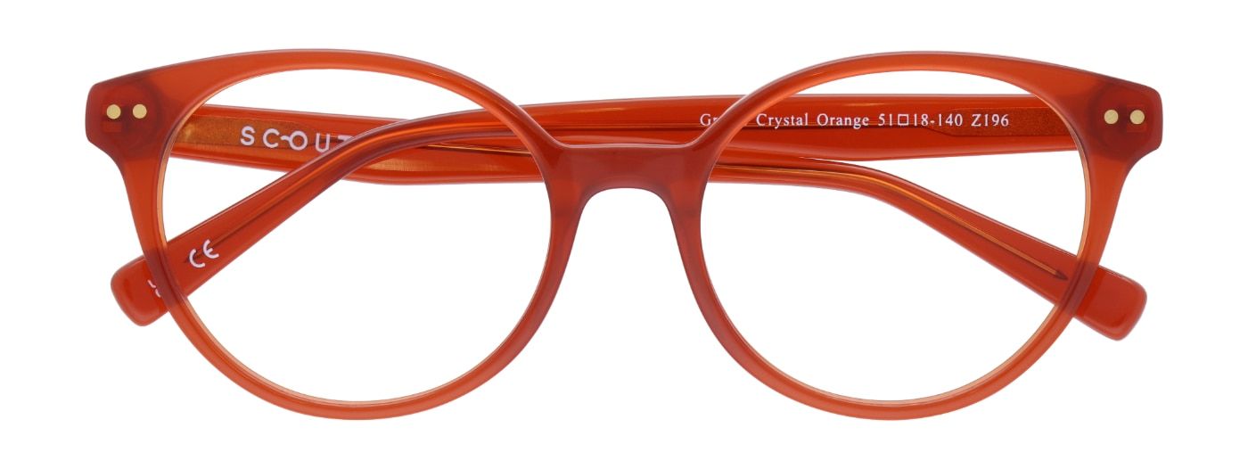 A pair of orange-coloured circular glasses, made of acetate. The glasses are folded up.