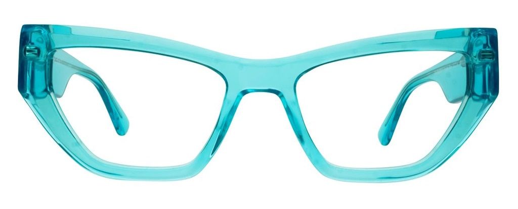 Angular cat-eye glasses made from thick, light blue transparent acetate