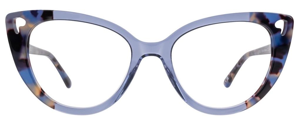 A striking cat-eye frame made of slightly transparent blue acetate, with havana detailing around the edges. The corners also feature little cut-out details in the shape of an upside-down heart.