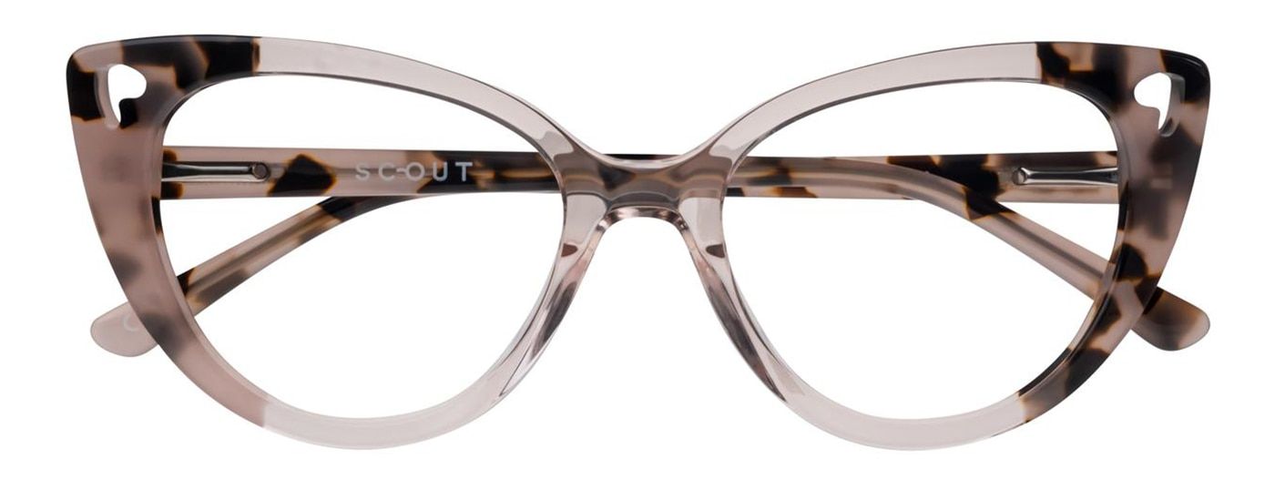 Nude, cate-eye Scout frame with light brown tortoiseshell parts on corner of frame