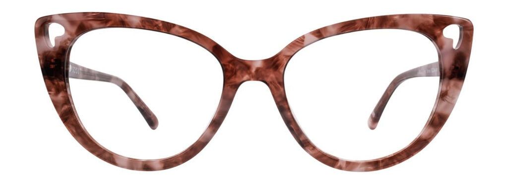 A pair of oversized cat-eye pink Havana glasses with heart-shaped cut-outs on each corner.