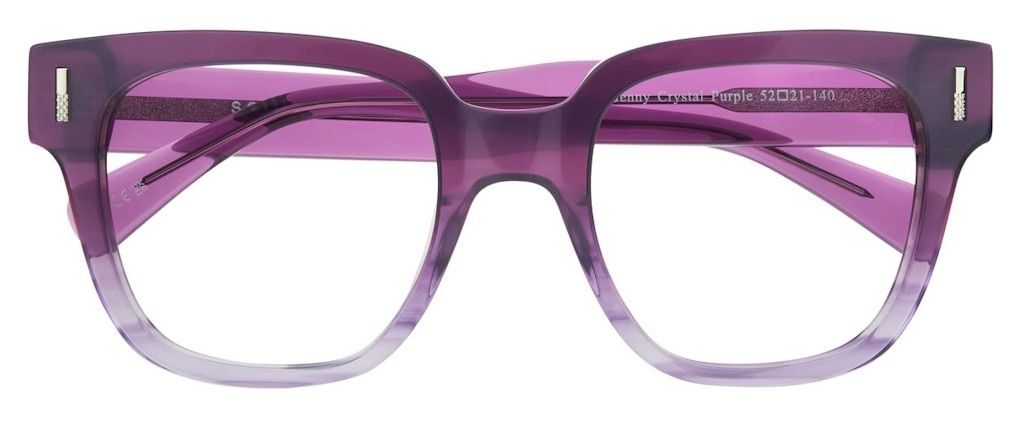 A thick purple acetate frame with square lenses, with the frame being darker at the top and fading to light transparency at the bottom