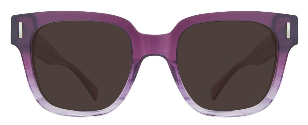 Sunglasses made of thick purple acetate that fades towards white at the bottom. The lenses are large and square.