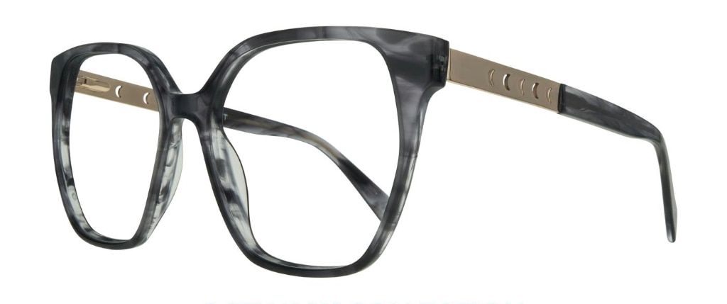 A classic Wayfarer-style acetate frame decorated with a moon-shaped cut-out detail in metal along the temples.