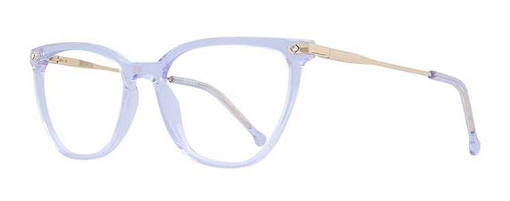 Slim cat-eye glasses made from light blue, transparent acetate with golden metal arms