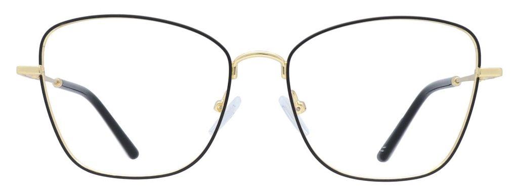 Cat-eye glasses whose lenses are surrounded by thin black metal, with a nose bridge and arms in gold