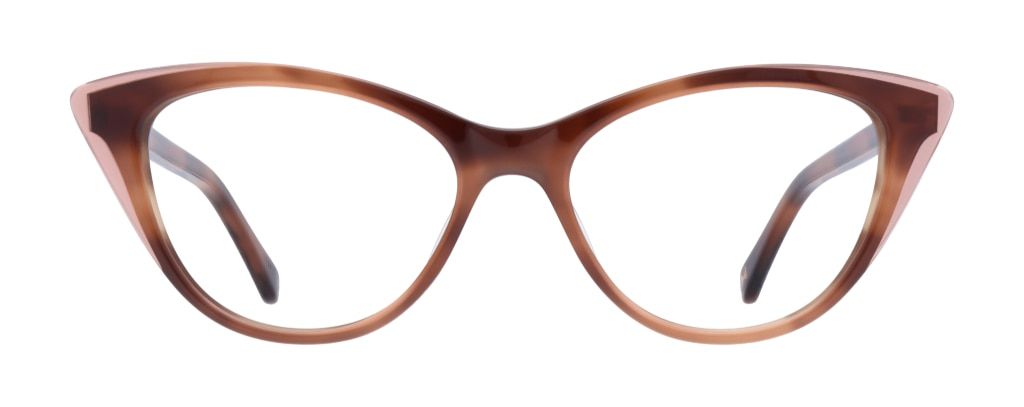 Extra-small cat-eye frame by Ted Baker in red tortoise print with pink plastic accents surrounding the edges to emphasise the shape.