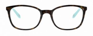 Front-facing view of a pair of Tiffany & Co square glasses with a dark Havana-patterned frame on a light grey background. The frame features softly upswept outer corners, angular lenses and a glossy acetate finish. Light Tiffany Blue temple arms are visib