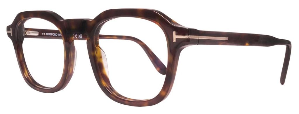Chunky square acetate frames in dark havana, with the Tom Ford metal T visible at the temples
