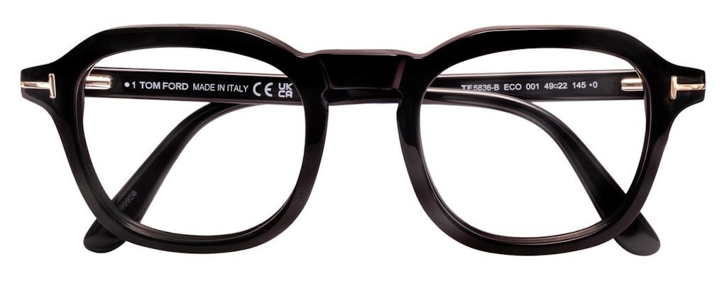 Thick black acetate frames with square lenses and the Tom Ford T logo at the temples