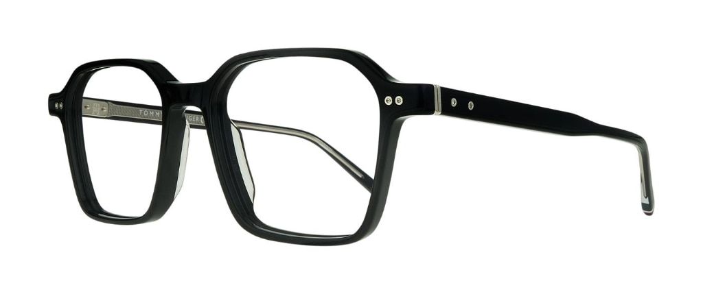A square Tommy Hilfiger frame with a modern geometric shape, made of eco-friendly acetate, featuring signature pin detailing and red, white and blue stripes along the temple tips.