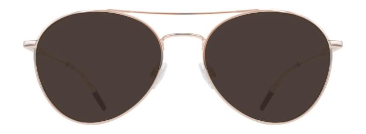 Sporty gold metal pilot sunglasses with signature branding along the temples. They have a classic top bar design and feature adjustable rubber nose pads.