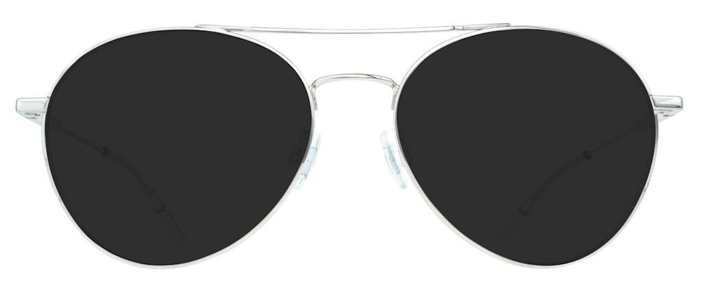 Aviator sunglasses made of silver metal with slightly rounded lenses