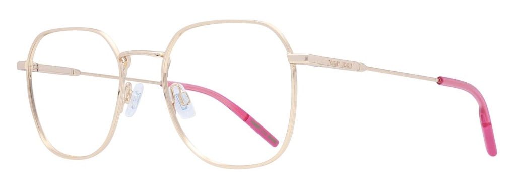 Gold metal frames with square lenses and pink temple tips